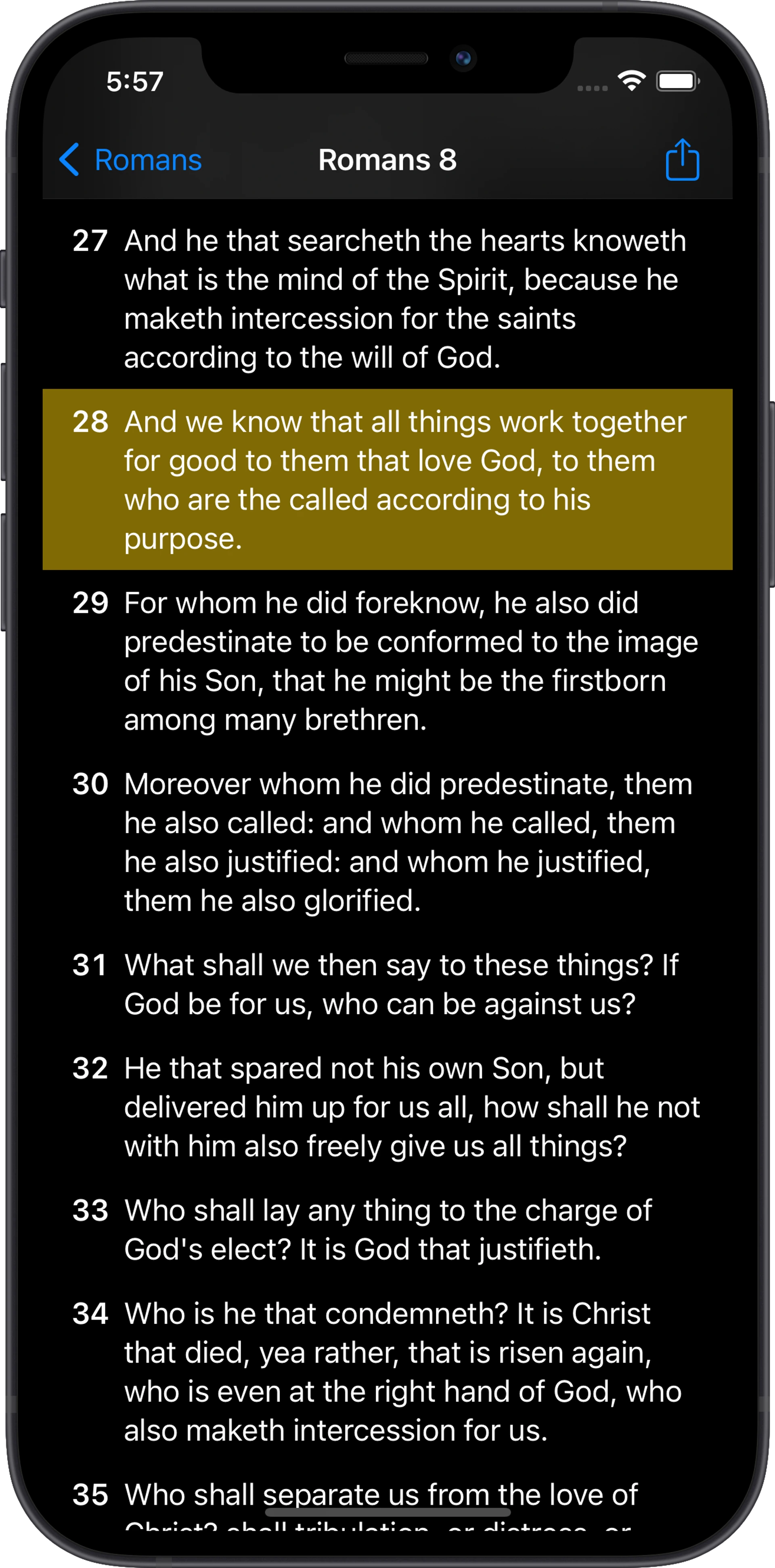 Reading a chapter with a verse selected in dark mode.